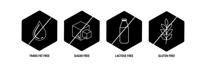 common food allergens abstract. trans fat-free, sugar-free, lactose- free and gluten free vector  icons
