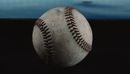 Close up baseball ball with worn vintage texture.