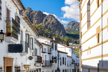 The main street into Grazalema, Spain, one of the white villages in the province of Cadiz in the autonomous community of Andalusia, Spain