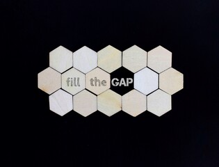 Top view image of wooden hexagon shape with text FILL THE GAP on black background.