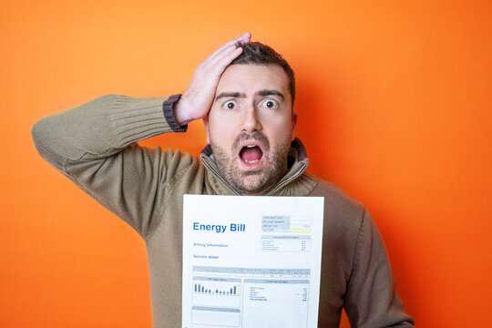 One man worried about bills reading energy increase costs isolated on background