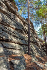 Autumn landscape with trees and rocks on top of a mountain against the sky