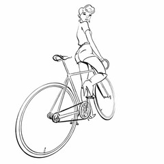 Fototapeta na wymiar Fixie pin up line drawing. Fashion illustration of a young woman in hot pants and high boots posing on a fixed gear bicycle..