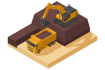 yellow heavy machinery with dump truck and isometric excavator working on a construction site