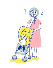 ママとベビーカーに乗る男の子ママ　困った表情　全身