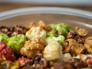 Colored popcorn close up.