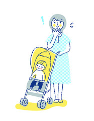 ママとベビーカーに乗る男の子ママ　困った表情　全身