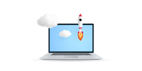 Rocket started from computer monitor illustration