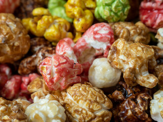Colored popcorn close up.