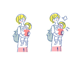 赤ちゃんを抱っこしている若いママ　笑顔と困った表情　上半身