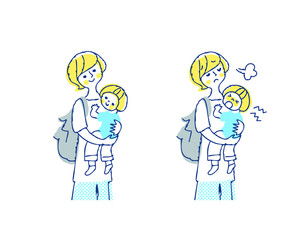 赤ちゃんを抱っこしている若いママ　笑顔と困った表情　上半身