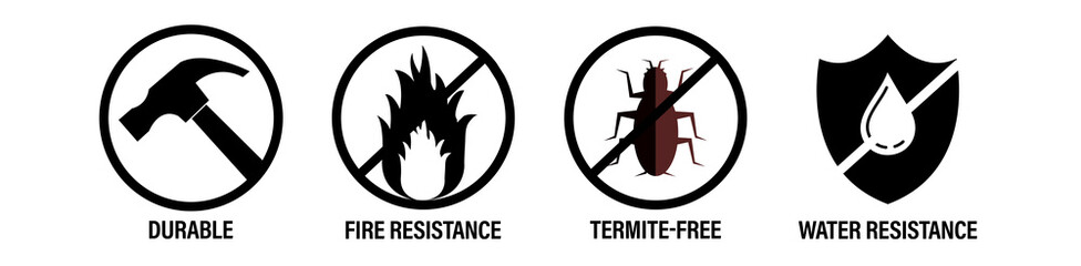 Durable, fire resistance, termite free and water resistance vector icons,  black in color - obrazy, fototapety, plakaty
