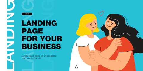 Portrait of happy cartoon lesbian couple hugging. Two women on date flat vector illustration. LGBT community, love, relationship, intimacy concept for banner, website design or landing web page