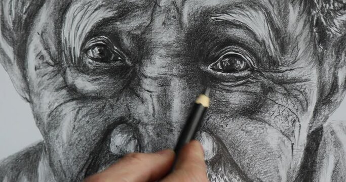 Close-up shot of an artist's hand drawing with a pencil. The artist draws in pencil an abstract portrait of an old man. The process of creating a picture close up.