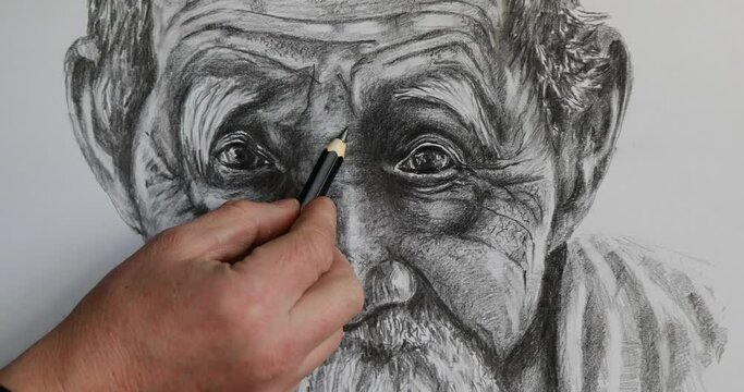 Close-up shot of an artist's hand drawing with a pencil. The artist draws in pencil an abstract portrait of an old man. The process of creating a picture close up.