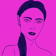 black and white linear portrait of a girl on a pink background