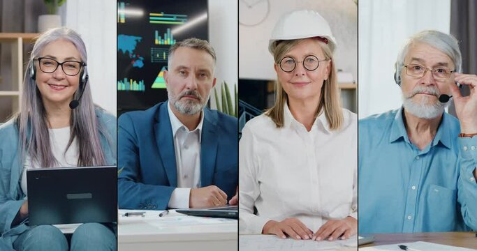 Multi screen montage portraits of attractive confident successful senior people of different occupations which posing on camera indoors