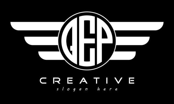 QEP three letter monogram type circle letter logo with wings vector template.