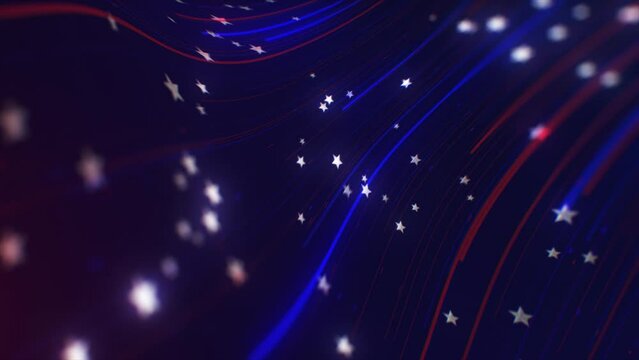 USA colors, white stars, red and blue stripes quick wavy abstract motion design background. Independence Day Patriotic Backdrop. For news, President day and election concept. Seamless looping.