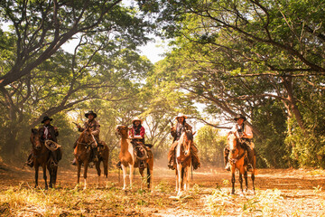Cowboy.Group of cowboy riding horse and holding gun in his hand are ready for shooting.