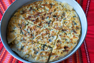 Bulgarian national dish Patatnik, made from potatoes and cheese - selective focus