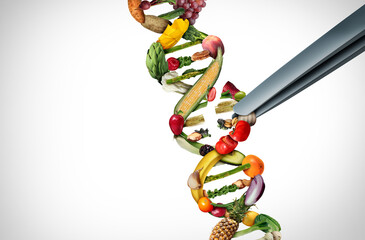 Agriculture gene editing and agricultural CRISPR concept or genetic engineering of food as a group of farm produce shaped as a DNA strand - obrazy, fototapety, plakaty