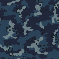 Mesh camouflage texture, blue seamless background, trendy print. Dark pattern.