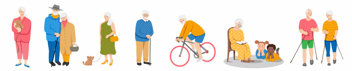 active pensioners. Elderly people who are actively spending time, cycling, Norwegian walking, meeting with grandchildren, active walks. Vector illustration