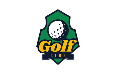 Logo, golf emblem. Colorful golf ball logo on the background of the shield. Sports club, team logo template. Badge, icon, ball, shield. Isolated vector illustration on white background