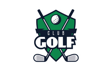 Logo, emblem of the ball and sticks for golf. Colorful emblem of golf ball and sticks on shield background. Sports club, team logo template. Badge, icon, shield. Isolated vector illustration