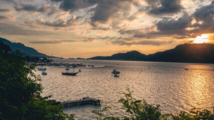 Sunset at the harbour in Ilhabela, Sao Paulo, Braizil.