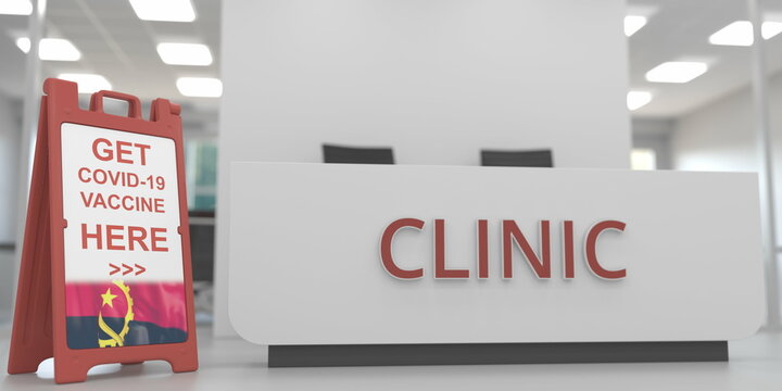 Flag of Angola on a COVID-19 vaccination centre signboard, 3D rendering