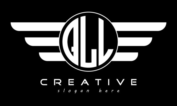 QLL three letter monogram type circle letter logo with wings vector template.