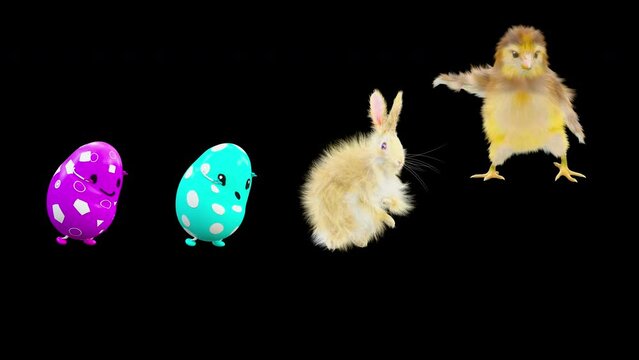 Easter Day, Happy Easter, eggs Dancing, chick and rabbit, 3d rendering, Animation Loop composition 3d mapping cartoon, included in the end of the clip with Alpha matte.