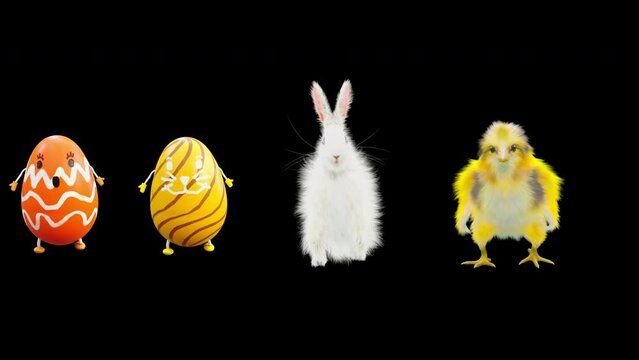 Easter Day, Happy Easter, eggs Dancing, chick and rabbit, 3d rendering, Animation Loop composition 3d mapping cartoon, included in the end of the clip with Alpha matte.
