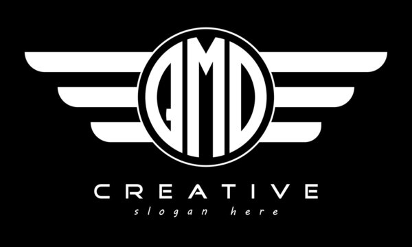 QMO three letter monogram type circle letter logo with wings vector template.