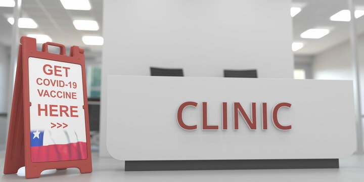 COVID-19 vaccination centre signboard with flag of Chile. 3D rendering