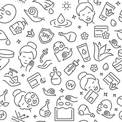 Seamless pattern with skin care cosmetic. Black and white thin line icons