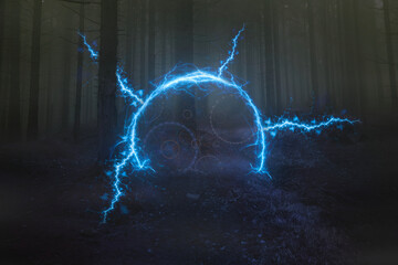 Blue portal in the foggy forest, magical evening