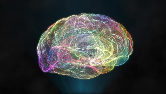 Wireframe 3D animation of the human brain. Rotating brain model with neural network rainbow pulses showing brainstorming neural activity. Artificial Intelligence. Loopable 3d animation.