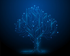 tree data technology on blue dark background. digital circuit board internet connection. vector illustration futuristic hi-tech style.