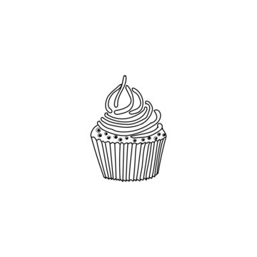 Simple picture of cupcake Isolated on white background in the style of doodle. Vector illustration. Cooking, food, tasty, delicious, eating, sweets, dessert, cream, glaze, confetti, dough, pastries.