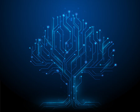 tree data technology on blue dark background. digital circuit board internet connection. vector illustration futuristic hi-tech style.
