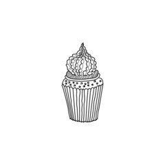 Simple picture of cupcake Isolated on white background in the style of doodle. Vector illustration. Cooking, food, tasty, delicious, eating, sweets, dessert, cream, glaze, confetti, dough, pastries.