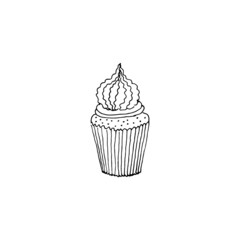 Simple picture of cupcake Isolated on white background in the style of doodle. Vector illustration. Cooking, food, tasty, delicious, eating, sweets, dessert, cream, glaze, confetti, dough, pastries.