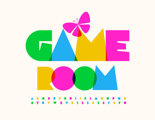 Vector creative poster Game Room with decorative Butterfly. Watercolor bright Font. Abstract style Alphabet Letters and Numbers set