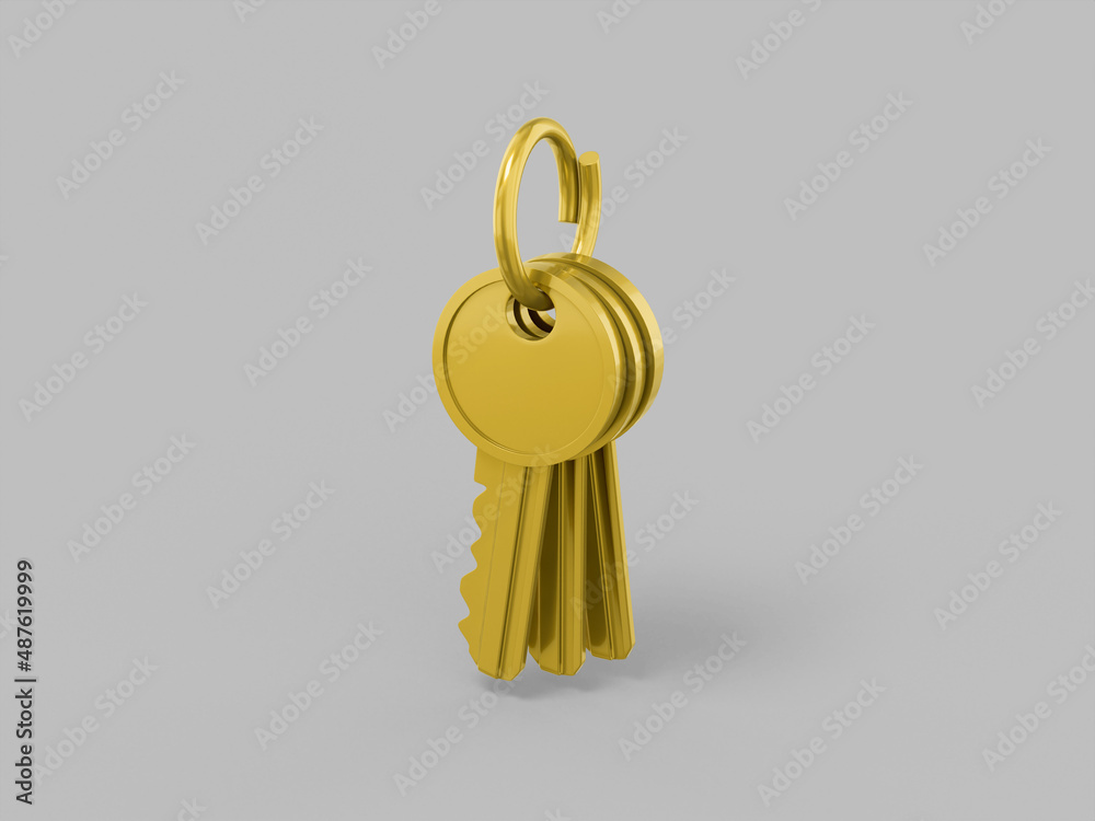 Poster golden one color bunch of keys on a gray flat background. minimalistic design object. 3d rendering i