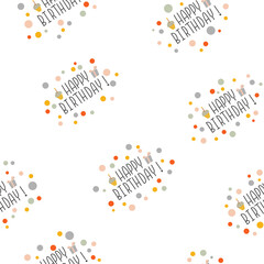 Seamless colorful pattern with "Happy Birthday" on white background. Vector illustration for celebration prints