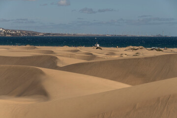 Fototapeta na wymiar Vista de las dunas de Maspalomas en la isla de Gran Canaria, España