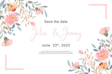 Save the date wedding invitation card with watercolor pink wild flower